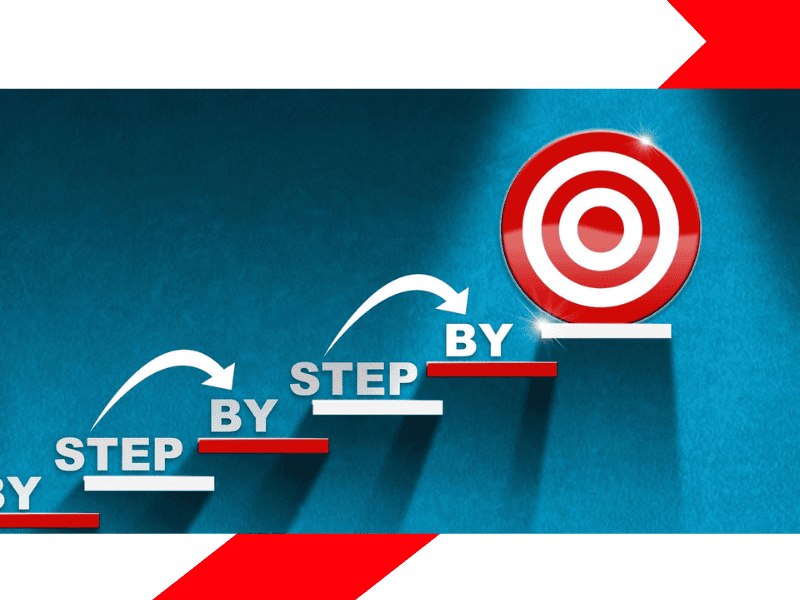 red and white steps going up a blue wall with the words step by step. The last step has a red target