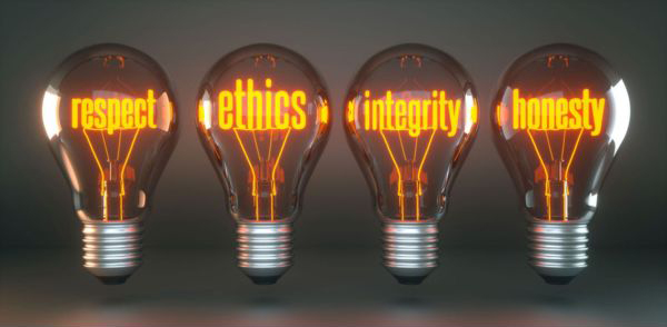4 orange lightbulbs in a row each with a word on - respect, ethics, integrity and honesty. EWK Private Wealth