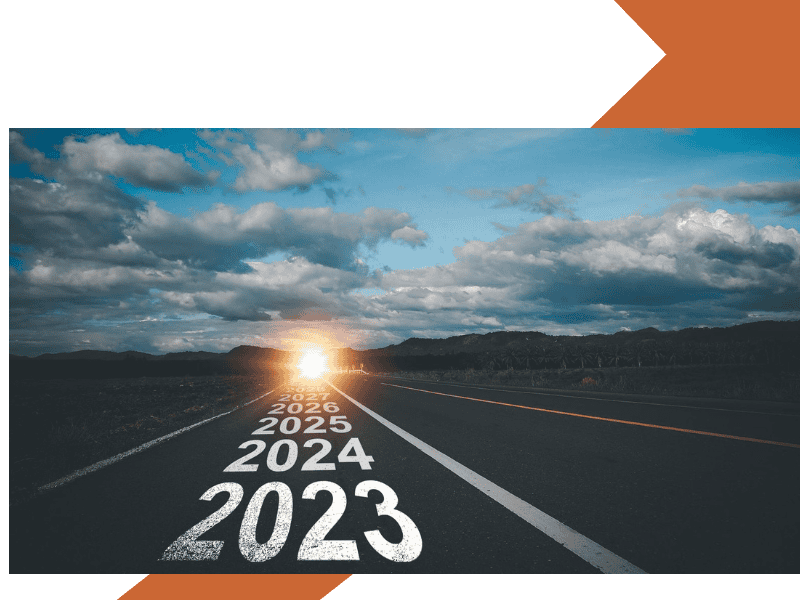 A road stretching into the horizon under a dramatic sky, with the years 2023 through 2027 marked on the pavement, symbolizing a journey into the future and goal setting