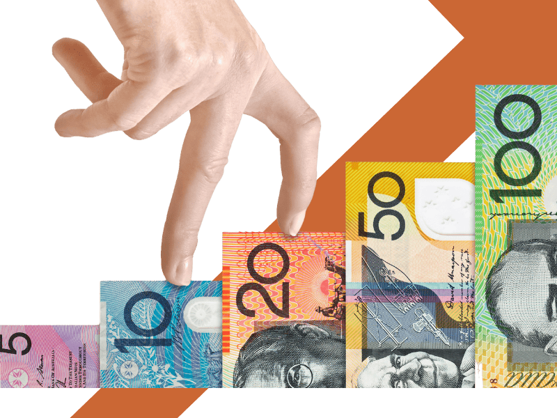 bank notes standing up from $5 to $00 in a ladder format with fingers walking up the ladder.